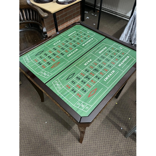 58 - ITALIAN INLAID GAMES TABLE BACK GAMMON, CHESS & DRAUGHTS BOARD, ROULETTE WHEEL HAS WEAR 78.5CM BY 78... 