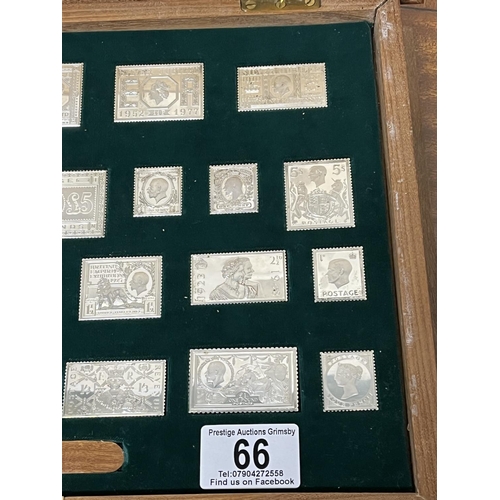 66 - STERLING SILVER STAMP SET IN AN INLAID WOODEN BOX 485. GRAMS THE STAMPS ARE OF ROYALTY