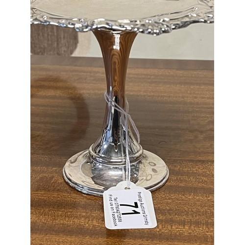 71 - ANTIQUE STERLING SILVER PEDESTAL CAKE STAND WITH WEIGHTED BASE 16CM WIDE 12CM TALL TOTAL WEIGHT 256 ... 