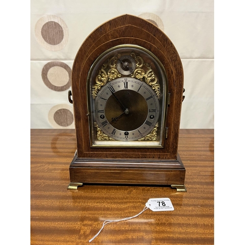 78 - WINTERHALDE & HUFMEIER MANTLE CLOCK NICE INLAY & BRASS ITTINGS, WESTMINSTER CHIME BRASS FACE 31CM TA... 