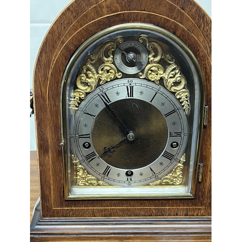 78 - WINTERHALDE & HUFMEIER MANTLE CLOCK NICE INLAY & BRASS ITTINGS, WESTMINSTER CHIME BRASS FACE 31CM TA... 