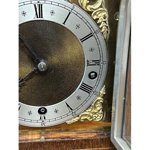 78 - WINTERHALDE & HUFMEIER MANTLE CLOCK NICE INLAY & BRASS ITTINGS, WESTMINSTER CHIME BRASS FACE 31CM TA... 