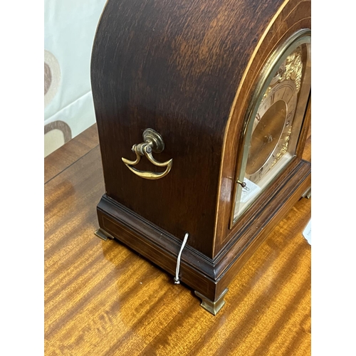 78 - WINTERHALDE & HUFMEIER MANTLE CLOCK NICE INLAY & BRASS ITTINGS, WESTMINSTER CHIME BRASS FACE 31CM TA... 