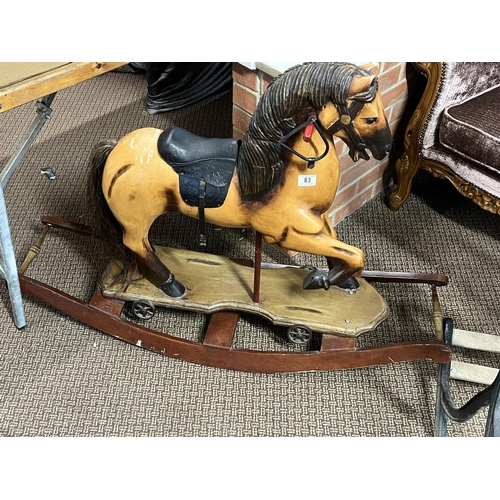 83 - VINTAGE WOODEN ROCKING HORSE WTH REAL HORSE HAIR TAIL A/F APPROX 100CM LONG INCLUDING BASE 86CM TALL