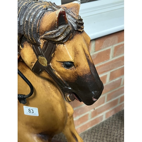 83 - VINTAGE WOODEN ROCKING HORSE WTH REAL HORSE HAIR TAIL A/F APPROX 100CM LONG INCLUDING BASE 86CM TALL