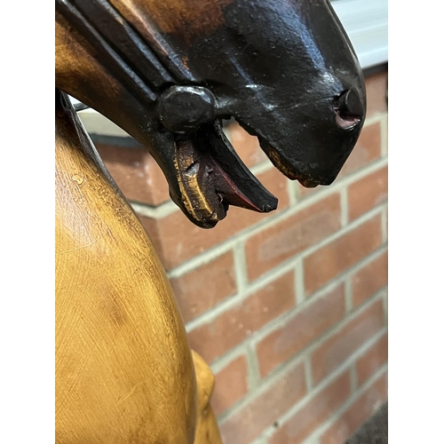 83 - VINTAGE WOODEN ROCKING HORSE WTH REAL HORSE HAIR TAIL A/F APPROX 100CM LONG INCLUDING BASE 86CM TALL