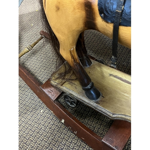 83 - VINTAGE WOODEN ROCKING HORSE WTH REAL HORSE HAIR TAIL A/F APPROX 100CM LONG INCLUDING BASE 86CM TALL