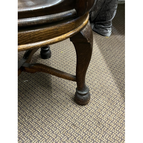 87 - GOOD QUALITY ANTIQUE SOLID WOOD REVOLVING DESK CHAIR RAISED BACK WITH SHAPED SPINDLES