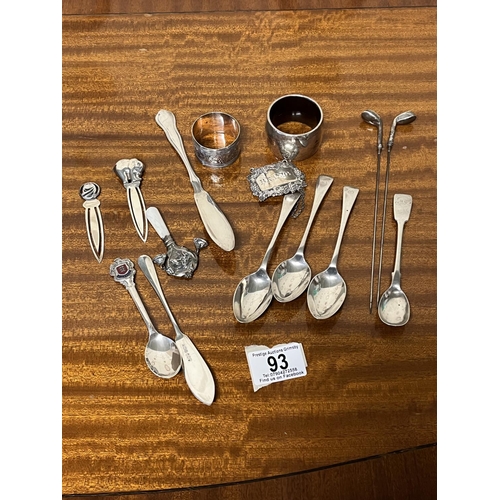 93 - SILVER ASSORTMENT WEIGHING 238 GRAMS INCLUDES BOOKMARKS, NAPKIN RINGS, SPOONS, HAT PINS ETC