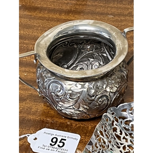 95 - PIERCED SILVER BASKET AND DECORATIVE TWO HANDLED SILVER BOWL 207 GRAMS