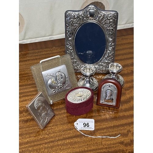 96 - ASST SILVER LOT TO INCLUDE LARGE PICTURE FRAME VARIOUS RELIGIOUS ITEMS, 2 WEIGHTED CANDLE STICKS AND... 