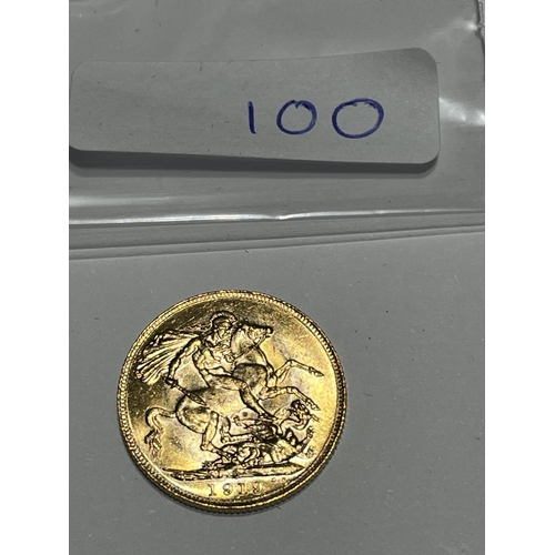 100 - 1919 FULL GOLD SOVEREIGN IN VERY GOOD CONDITION