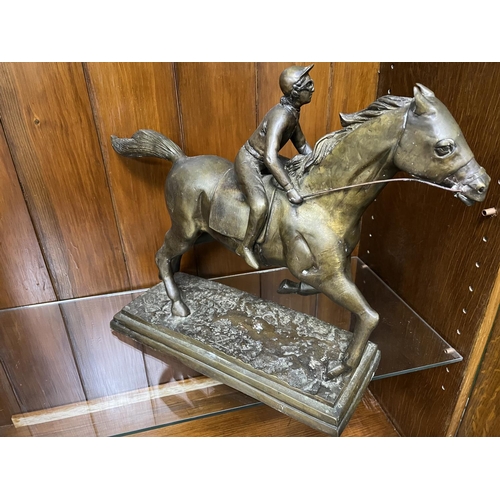 131 - MISSING ORIGINAL BASE BUT A NICE EXAMPLE OF A BRONZE RACE HORSE WITH JOCKEY APPROX 38CM HIGH BY 52CM... 