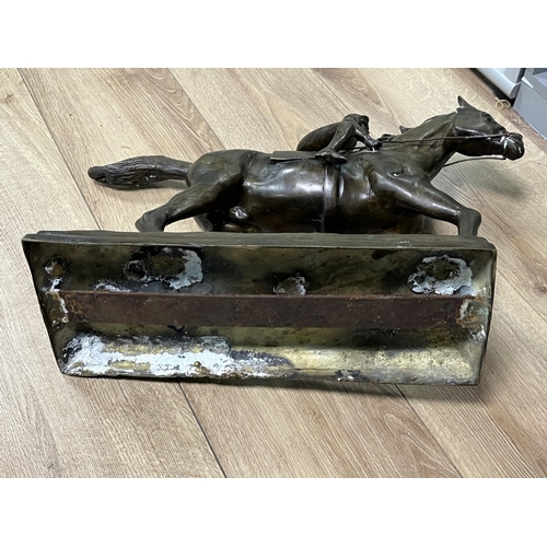 131 - MISSING ORIGINAL BASE BUT A NICE EXAMPLE OF A BRONZE RACE HORSE WITH JOCKEY APPROX 38CM HIGH BY 52CM... 