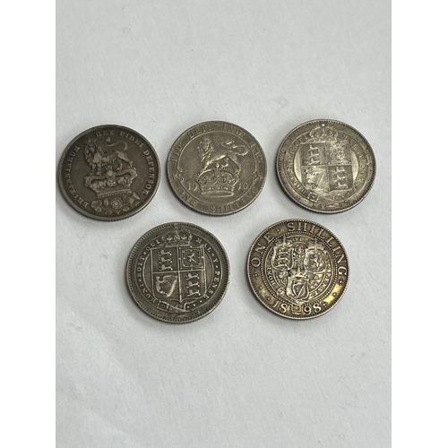 17 - SIX + GOOD GRADE SILVER SHILLINGS 1826, 1910, 1887, 1889, 1898