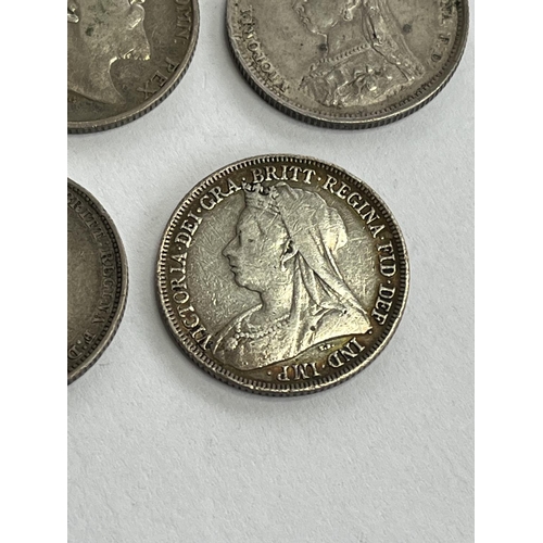 17 - SIX + GOOD GRADE SILVER SHILLINGS 1826, 1910, 1887, 1889, 1898