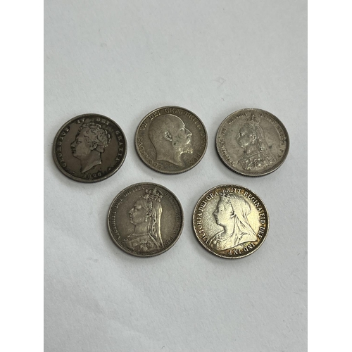 17 - SIX + GOOD GRADE SILVER SHILLINGS 1826, 1910, 1887, 1889, 1898