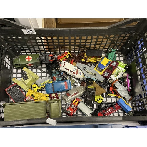 188 - BASKET OF ASSORTED PLAYWORN DIE CAST VEHICLES