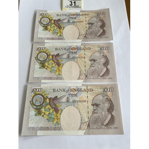 31 - 3 X CRISP OLDER £10 NOTES IN VERY COLLECTIBLE CONDITION