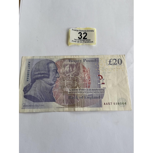 32 - COLLECTIBLE CIRCULATED £20 NOTE WITH AA PREFIX