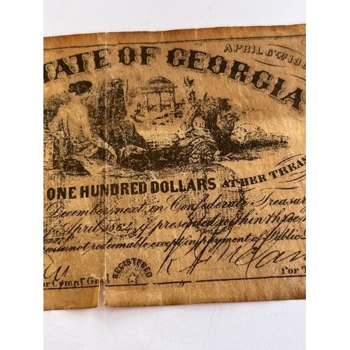 34 - USA STATE OF GEORGIA $100 NOTE WE HAVE NO IDEA IF THIS IS ORIGINAL OR AN OLD REPRO  SO WE HAVE TAKEN... 