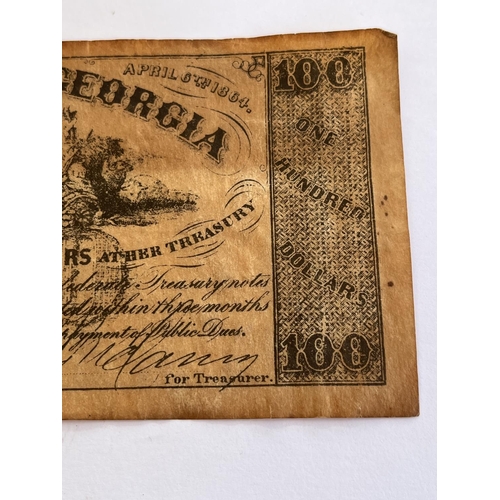 34 - USA STATE OF GEORGIA $100 NOTE WE HAVE NO IDEA IF THIS IS ORIGINAL OR AN OLD REPRO  SO WE HAVE TAKEN... 