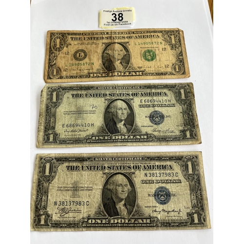 38 - 3 X OLD AMERICAN ONE DOLLAR NOTES