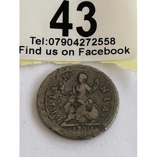 43 - UNUSUAL GEORGE I SILVER COIN 1/4D 1720