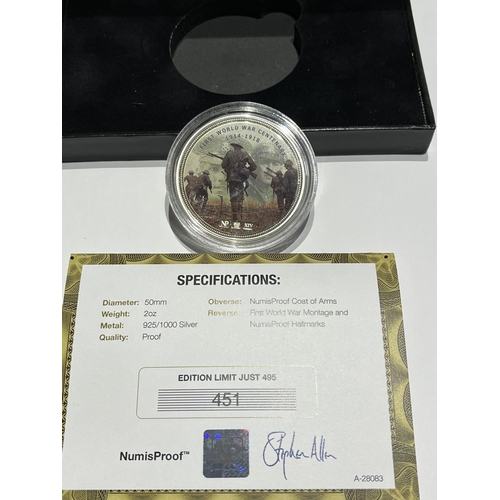 70 - SILVER PROOF 2OZ COIN FIRST WORLD WAR MONTAGE WITH HALLMARKS IN COLLECTORS BOX & COA