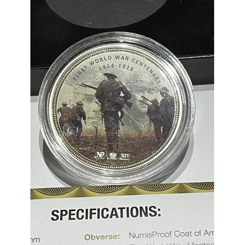 70 - SILVER PROOF 2OZ COIN FIRST WORLD WAR MONTAGE WITH HALLMARKS IN COLLECTORS BOX & COA