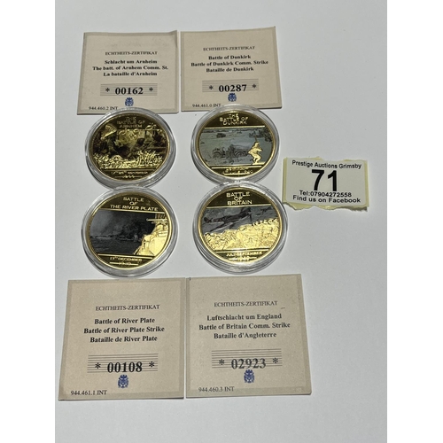 71 - 4 X LTD EDITION PROOF GOLD PLATED WW2 COINS BATTLE OF ARNHEM, DUNKIRK, BRITAIN SILVER PLATED ALL WIT... 