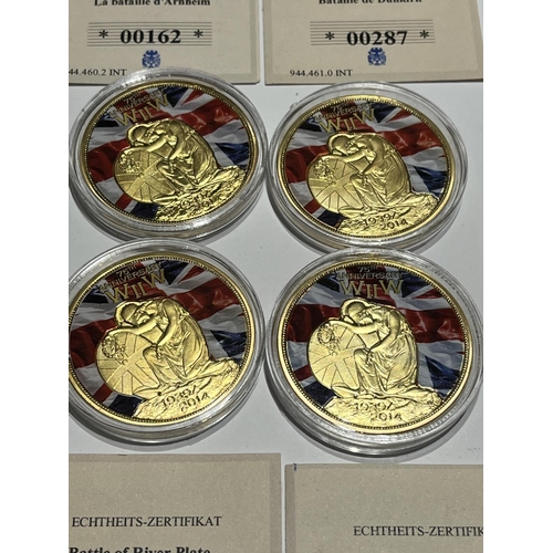 71 - 4 X LTD EDITION PROOF GOLD PLATED WW2 COINS BATTLE OF ARNHEM, DUNKIRK, BRITAIN SILVER PLATED ALL WIT... 