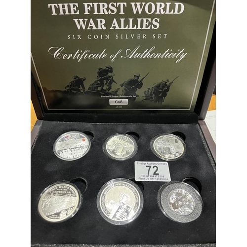 72 - FIRST WORLD WAR ALLIES FINE SILVER BOXED COIN COLLECTION INCLUDES 102 AUSTRALIA DOLLAR, CANADA 23G D... 