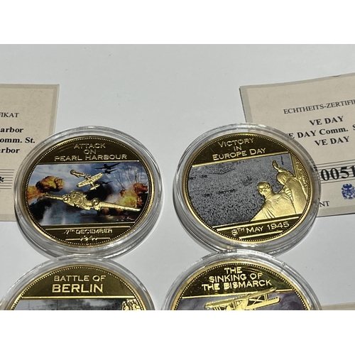 75 - 4 X LTD EDITION PROOF GOLD PLATED WW2 COINS PROOFS BISMARCK, VE DAY, PEARL HARBOUR, BERLIN