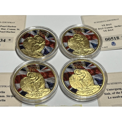 75 - 4 X LTD EDITION PROOF GOLD PLATED WW2 COINS PROOFS BISMARCK, VE DAY, PEARL HARBOUR, BERLIN