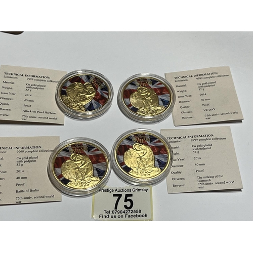 75 - 4 X LTD EDITION PROOF GOLD PLATED WW2 COINS PROOFS BISMARCK, VE DAY, PEARL HARBOUR, BERLIN