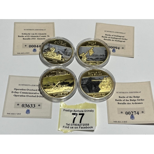 77 - 4 X GOLD PLATED WW2 PROOF COINS IN MINT CONDITION, D-DAY, BATTLE OF ELALAMEIN, STALINGRAD & BATTLE O... 