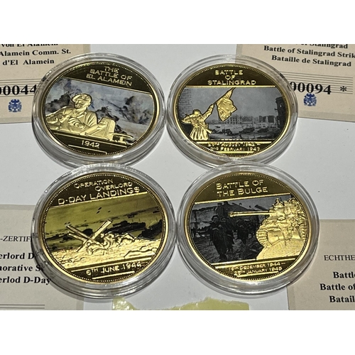 77 - 4 X GOLD PLATED WW2 PROOF COINS IN MINT CONDITION, D-DAY, BATTLE OF ELALAMEIN, STALINGRAD & BATTLE O... 