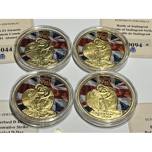 77 - 4 X GOLD PLATED WW2 PROOF COINS IN MINT CONDITION, D-DAY, BATTLE OF ELALAMEIN, STALINGRAD & BATTLE O... 