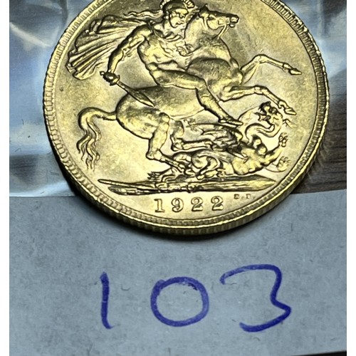 103 - 1922 FULL GOLD SOVEREIGN IN VERY GOOD CONDITION