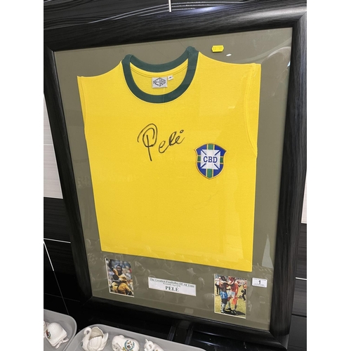 1 - SIGNED PELE SHIRT SIZES INCLUDE THE FRAME 69CM WIDE 89CM TALL COMES WITH C.O.A