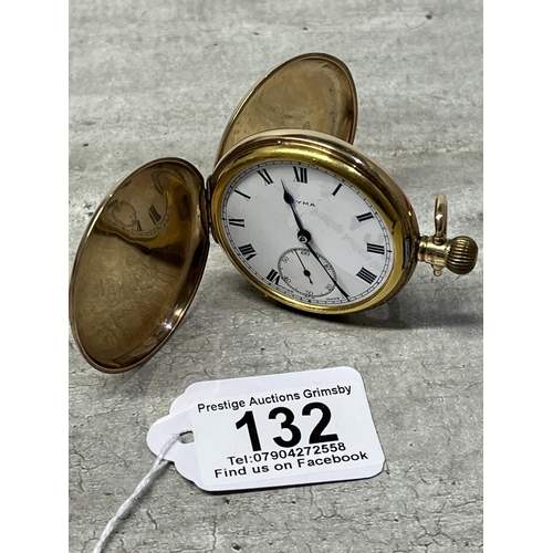 132 - CYMA 9CT GOLD FULL HUNTER POCKET WATCH HAS GLASS MISSING IS IN WORKING ORDER WOULD BENEFIT FROM A SE... 