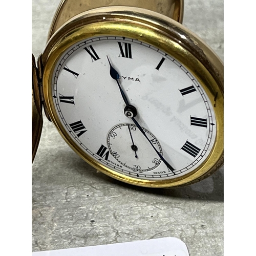 132 - CYMA 9CT GOLD FULL HUNTER POCKET WATCH HAS GLASS MISSING IS IN WORKING ORDER WOULD BENEFIT FROM A SE... 