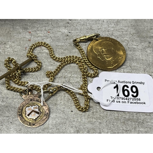 169 - A CHAIN WITH A MEDALLION & A 9CT GOLD FOB GRIMSBY RELATED