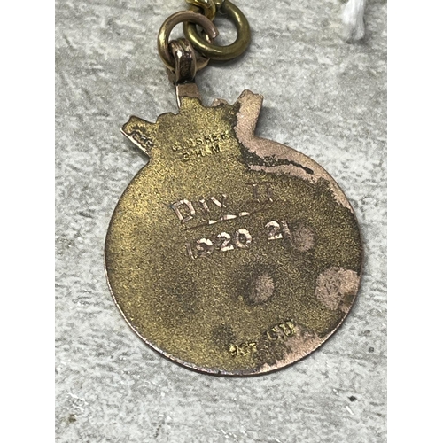 169 - A CHAIN WITH A MEDALLION & A 9CT GOLD FOB GRIMSBY RELATED