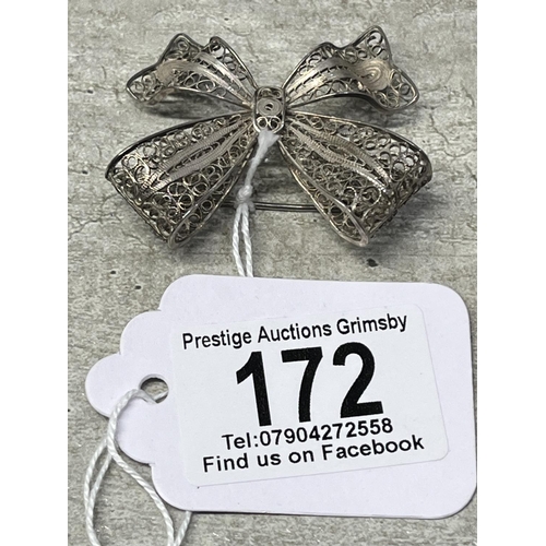 172 - SILVER FILIGREE BOW BROOCH