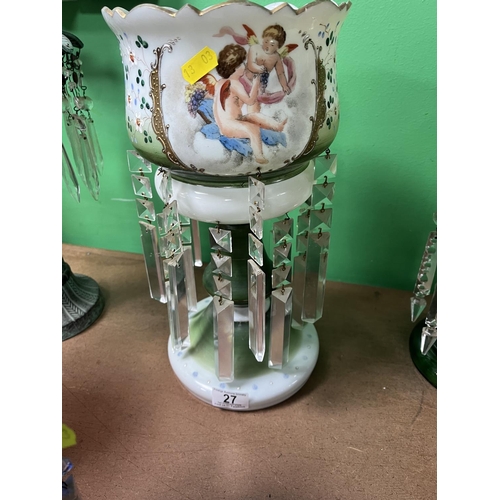 27 - WHITE GLASS LUSTRE PAINTED WITH CHERUBS A/F SIZE APPROX 37CM TALL