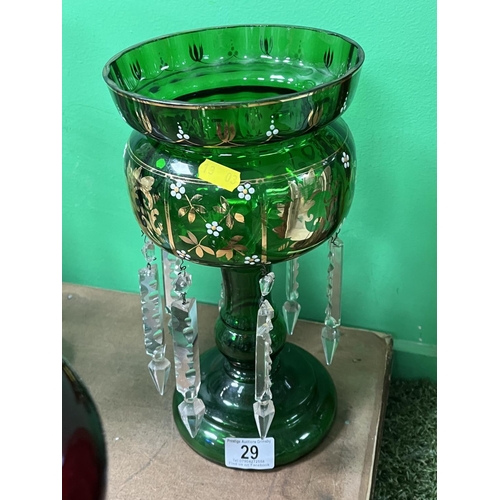 29 - GREEN GLASS LUSTRE 1 DROPLET MISSING BUT COMES WITH 2 SPARE DROPLETS INSIDE SIZE APPROX 32CM TALL