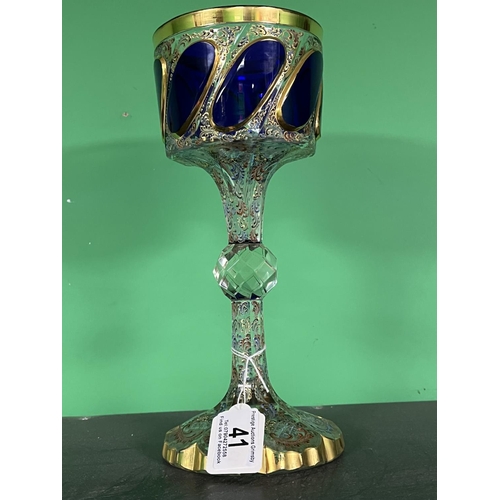 41 - LARGE MOSER TRICOLOUR ENAMEL GLASS GOBLET CIRCA 1890 MADE IN BOHEMIA HEIGHT IS 26.7CM THE RIM IS 11.... 