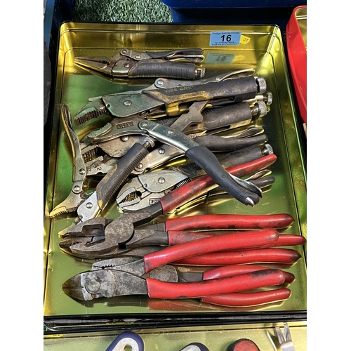 16 - TIN OF ASSORTED PLIERS, SNIPPERS & GRIPS VARIOUS BRANDS